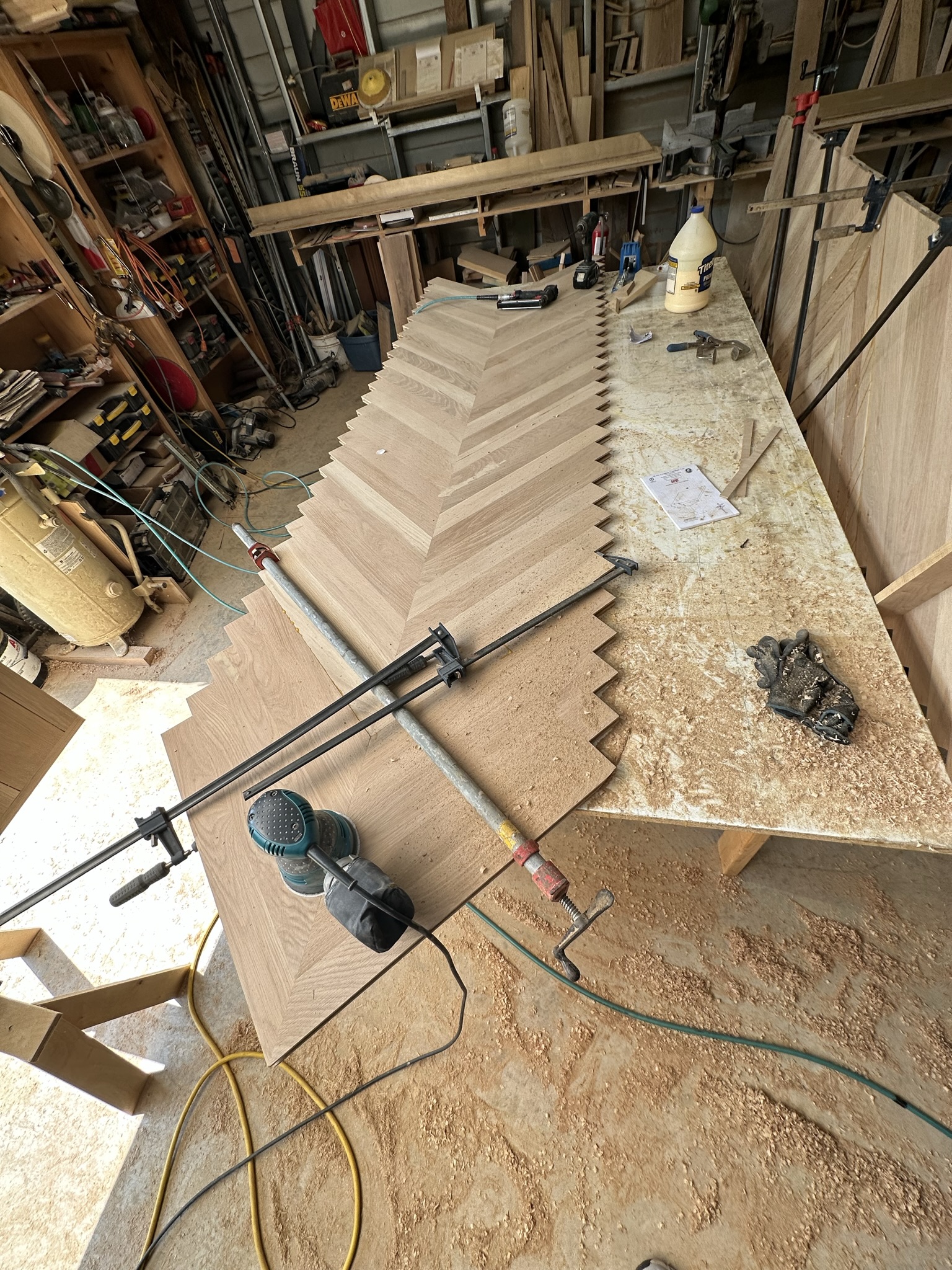 Chevron panel glue-up in workshop